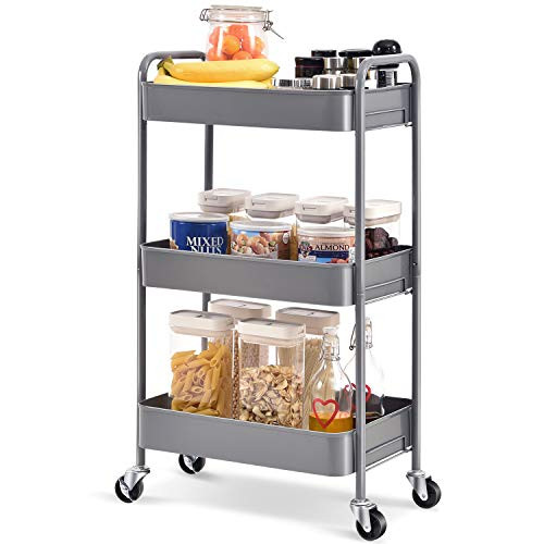 TOOLF 3-Tier Rolling Cart, Metal Utility Cart with Lockable Wheels, Storage Craft Art Cart Trolley Organizer Serving Cart Easy Assembly for Office, Bathroom, Kitchen, Kids' Room, Classroom -Grey-
