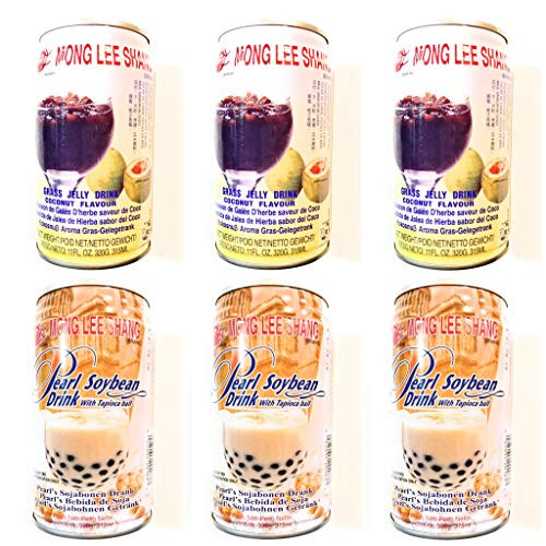 3 Pack Mong Lee Shang Grass Jelly Drink Coconut Flavour 11 Fl Oz Each AND 3 Pack Mong Lee Shang Pearl Soybean Drink With Tapioca Ball 11 Fl Oz Each
