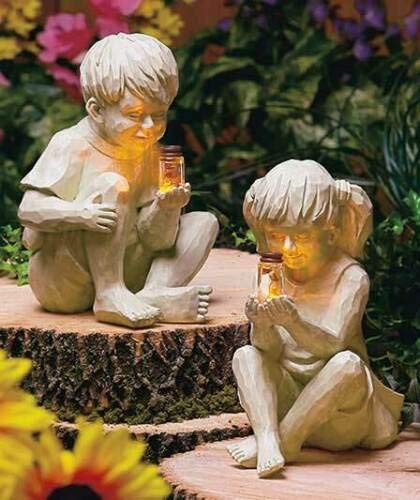 Garden Children Solar Lighted Firefly Jar Boy Girl Statue, Kids with Solar Fireflies Garden Statues Flowerbed Yard Outdoor Sculpture Decor