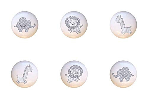 SET OF 6 KNOBS - TL Safari Elephant Giraffe Lion - DECORATIVE Glossy CERAMIC Cupboard Cabinet PULLS Dresser Drawer KNOBS
