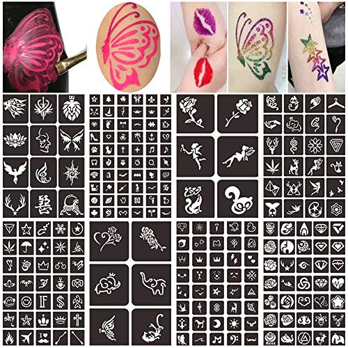 Body Face Painting Stencils Kit for Kids, Henna Glitter Tattoo Stencils Kit, Reusable Temporary Tattoo Stencils (8 Sheets 218 Design)