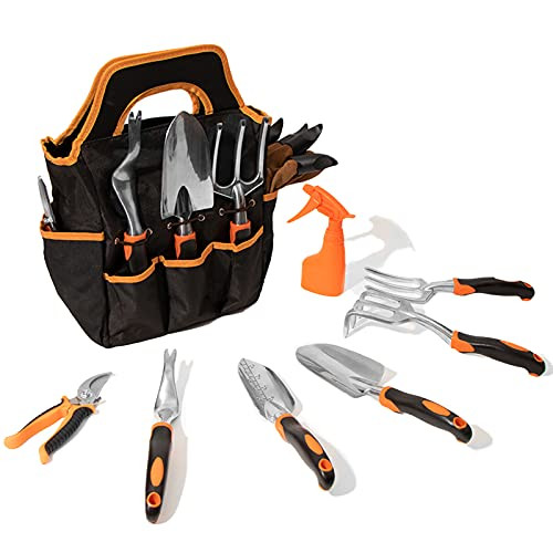 Gardening Tool Set - 9 Pieces Aluminium Alloy Garden Tools Kit Included Hand Trowel Shovels Rake, Garden Gloves and Garden Tote, Heavy Duty Garden Spade, Steel Pruning Shears, Garden Gifts