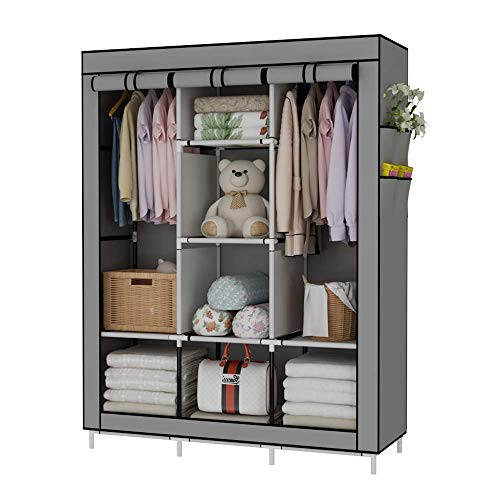 UDEAR Portable Wardrobe Closet Clothes Organizer No-Woven Fabric Cover with 6 Storage Shelves, 2 Hanging Sections and 4 Side Pockets?Grey