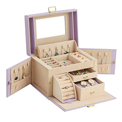 RIRO Jewelry Box for Women, Faux Leather Jewelry Organizer Box with 2 Drawers, Lockable Jewelry Storage Case with Mirror, Storing for Watch Necklace Ring Earring Bracelet, Gift -Purple- RIRO Jewelry Box for Women, Faux Leather Jewelry Organizer Box with 2 Drawers, Lockable Jewelry Storage Case with Mirror, Storing for Watch Necklace Ring Earring Bracelet, Gift -Purple-