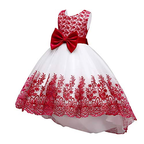 Flower Girls Lace Bowknot High Low Tutu Dress for Kids Baby Wedding Bridesmaid Pageant Party Formal Gown Toddler Little Big Princess Communion Birthday Backless Puffy Tulle Dresses Red 7-8 Years