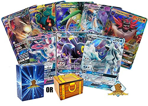 5 Assorted Pokemon Card Lot - Guaranteed 5 Assorted GX Ultra Rares and 1 Assorted Pokemon Figure - Guaranteed Authentic with No Duplicates - Includes Golden Groundhog Storage Treasure Chest