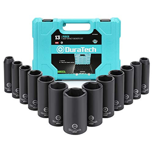 DURATECH 13 Piece 1/2 Inch Drive Deep Impact Socket Set, 6 Point Standard SAE, Impact Mechanics Tool Set with Hard Case