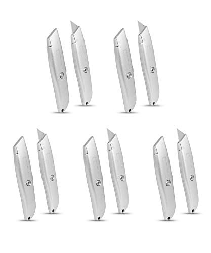 Internet's Best Classic Utility Knife - Set of 10 - Retractable Razor Knife Set - Extra Blade Refills - Box Cutter Locking Razor Knife - Full Metal Body - Silver