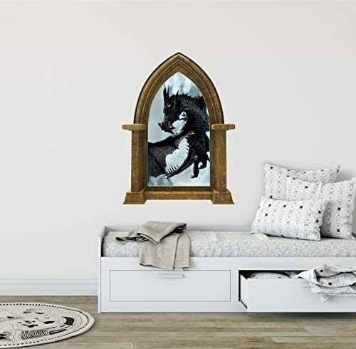 24" Castle Scape Black Dragon -1 Sandstone Castle Window Wall Decal Sticker Mural Medieval Mythical Fantasy Fairytale Game of Thrones Kids Playroom Wall Art Decor