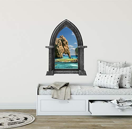 24" Castle Scape Fantasy Island -2 Granite Stone Castle Window Wall Decal Sticker Mural Kids Bedroom Playroom Medieval Horses Cliffs Tropical Fantasy Fairytale Decor