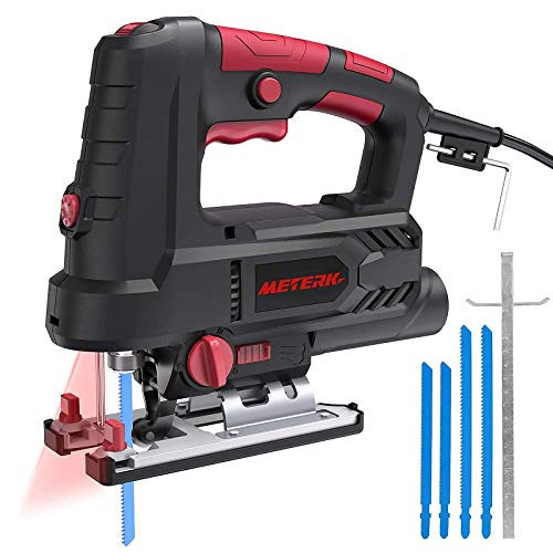 Jigsaw, Meterk Upgraded 800W 6.5 Amp 3000 SPM Jig Saw with Laser Guide  and  LED, 6 Variable Speed, 4PCS T-Shank Saw Blades, Scale Ruler, 78.74 Inches Cord, ±45Bevel Cutting Angle