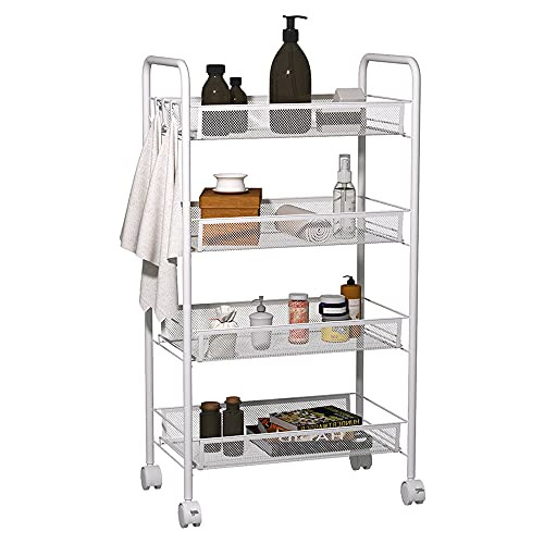 BLOVE 4-Tier Mesh Wire Metal Rolling Cart Utility Cart Organizer Shelf Storage Cart Trolley with 2 Lockable Wheels Home Kitchen Bedroom Office Serving Cart Mobile Storage Cart -White, 4-Tier-