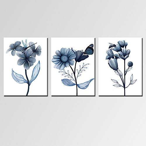 sechars 3 Piece Canvas Wall Art Navy Flower Painting Art Prints Blue Floral With Butterfly Picture Artwork Modern Bedroom Bathroom Wall Decor Framed Ready to Hang Each Panel 12x16 Inches sechars 3 Piece Canvas Wall Art Navy Flower Painting Art Prints Blue Floral With Butterfly Picture Artwork Modern Bedroom Bathroom Wall Decor Framed Ready to Hang Each Panel 12x16 Inches