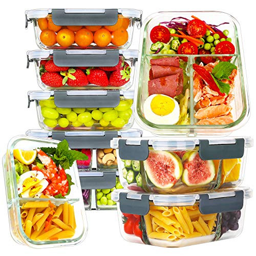 Bayco 9 Pack Glass Meal Prep Containers 3 and 2 and 1 Compartment, Glass Food Storage Containers with Lids, Airtight Glass Lunch Bento Boxes, BPA-Free and Leak Proof -9 lids and 9 Containers- - Grey Bayco 9 Pack Glass Meal Prep Containers 3 and 2 and 1 Compartment, Glass Food Storage Containers with Lids, Airtight Glass Lunch Bento Boxes, BPA-Free and Leak Proof -9 lids and 9 Containers- - Grey