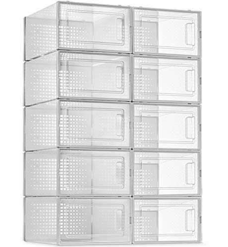 10 Pack Shoe Storage Boxes, Clear Plastic Stackable Shoe Organizer Bins, Drawer Type Front Opening Sneaker Shoe Holder Containers