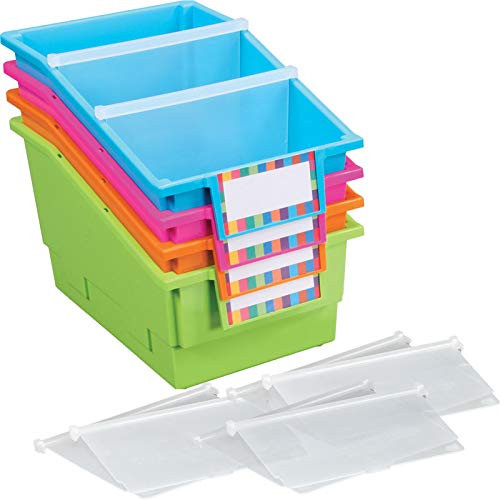 Really Good Stuff Large Plastic Labeled Book and Organizer Bin for Classroom or Home Use  Sturdy Plastic Book Bins in Fun Neon Colors  -Set of 4-