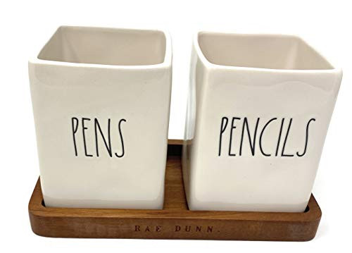 Rae Dunn PENS  plus PENCILS Holder Set of 2 with Wood Tray - Ceramic Office Desk Organizer