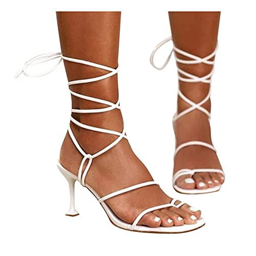 Xudanell Womens Sandals Open Toe High Heeled Block Heels Ankle Strap Lace Up Strappy Casual Sexy Clear Sandals for Women