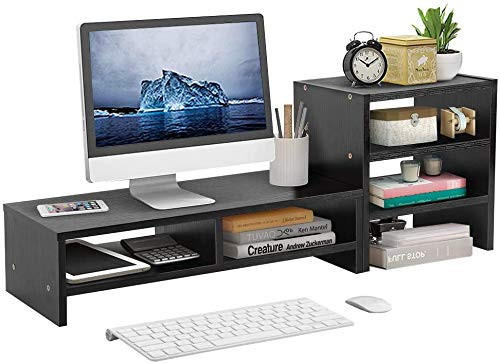 Computer Riser, Computer Laptop Monitor Wooden Riser Stand Desktop Storage Organizer with 3-Layer Shelf for Home and Office -Black-