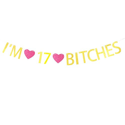 I'm 17 Bitches Banner Gold Glitter Letters with Rose Madder Heart Sign for 17th Birthday Party Decorations Gold Banner Pertlife