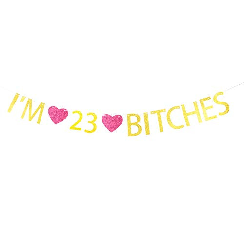 I'm 23 Bitches Banner Gold Glitter Letters with Rose Madder Heart Sign for 23rd Birthday Party Decorations Gold Banner Pertlife