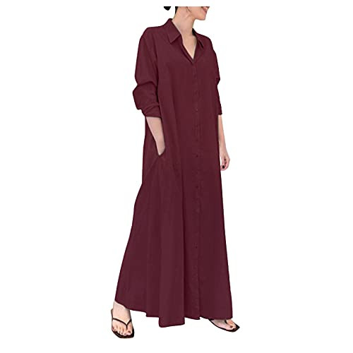 fine_fine Summer Womens Dress Cotton and Linen Solid Color Lapel Long-Sleeved Pocket Long Shirt Flowy Plus Size Dress fine_fine Summer Womens Dress Cotton and Linen Solid Color Lapel Long-Sleeved Pocket Long Shirt Flowy Plus Size Dress