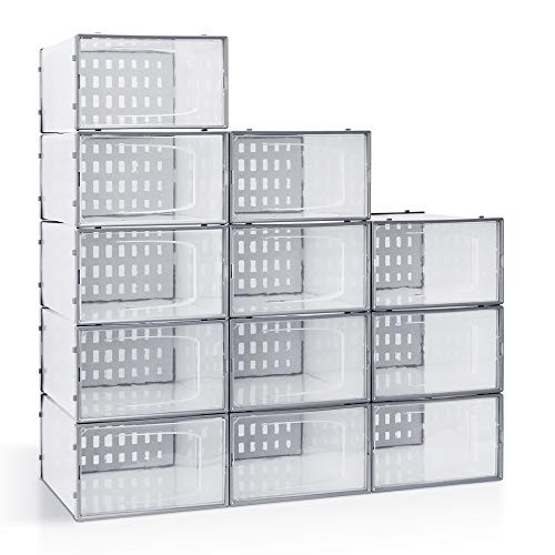 12 Pack Shoe Storage Boxes, Foldable Plastic Stackable Shoe Organizer Bins, Drawer Type Front Opening Shoe Holder Container