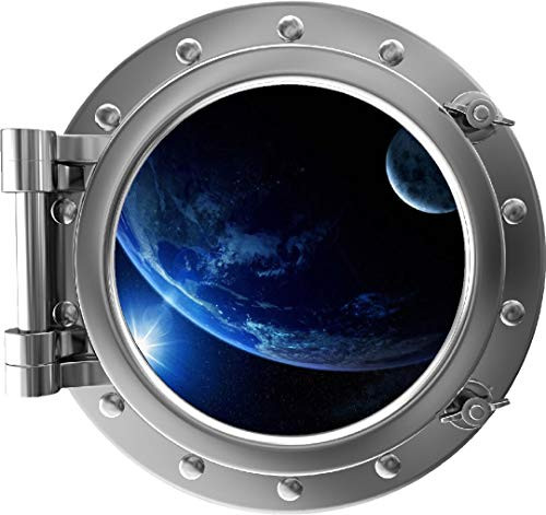 24" PortScape Space 3D Window Earth and Moon -1 Silver Porthole Wall Decal Removable Wall Sticker Sun Orbit Planets Solar System Fabric Vinyl Kids Room Decor