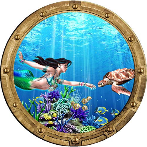 24" Porthole 3D Window Wall Sticker Mermaid  and  Sea Turtle -1 Rustic Port Scape Decal Ocean Fantasy Tropical Reef Sea Life Kids Room Decor Peel and Stick Vinyl