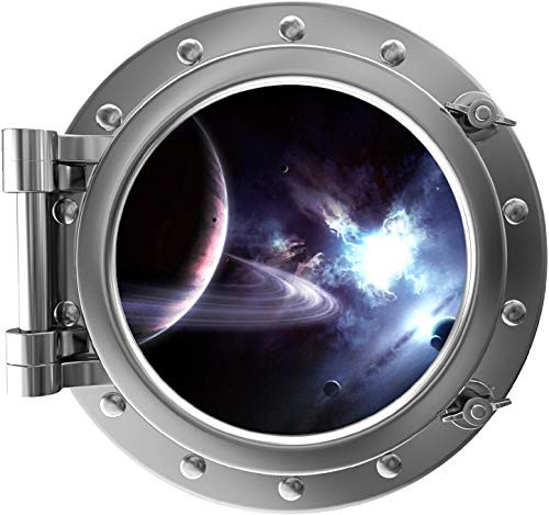 24" PortScape Wall Decal Space Silver Porthole 3D Window Saturn  and  Moons -1 Planets Removable Fabric Vinyl Wall Sticker Solar System Boys Kids Room Decor