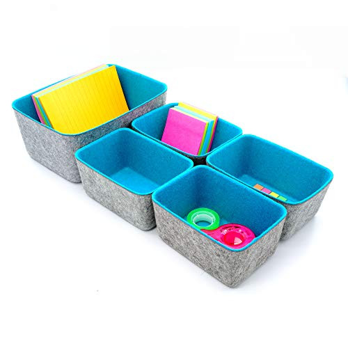 Welaxy Felt Office Drawer Organizers deep Bins Draw Organiser Felt Storage bin Drawers dividers Boxes for Desktop Pack 5 -Turquoise-