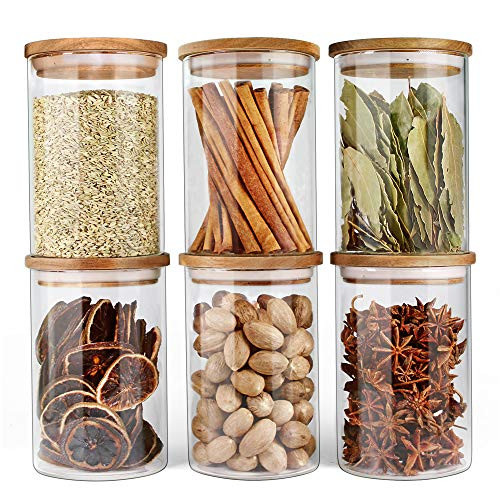 Glass Jars with Airtight Lids Urban Green, Airtight Glass Canisters with Wood Lids, Glass Storage Containers with Bamboo Lid, Food Storage Containers, Glass Canister Sets -6 Pack of 27oz-