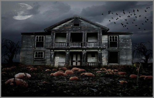 Haunted House, Field of Pumpkins  and  Dark Clouds - Vinyl Stained Glass Film, Static Cling Window Decal Haunted House, Field of Pumpkins  and  Dark Clouds - Vinyl Stained Glass Film, Static Cling Window Decal