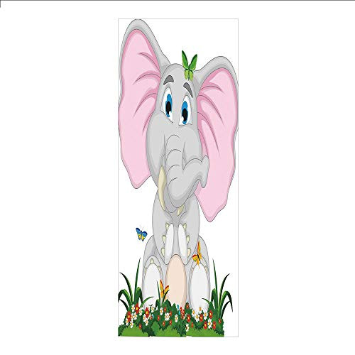 3D Decorative Film Privacy Window Film No Glue,Elephant Nursery Decor,Friendly Elephant Cartoon in Garden Daisies Butterflies Huge Ears Decorative,Multicolor,for Home and Office