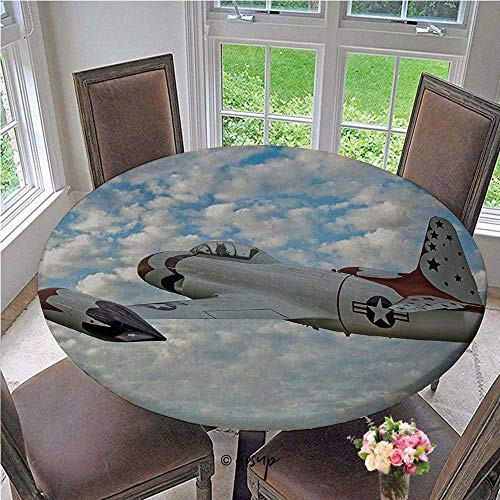 Elasticized Tablecloth Vintage Plane in Mid Air American Military Sky Aircraft Fighter Jet Transportation Fitted Elastic Edged Table Cover No Fabric Draping Down for Puppy to Grab Diameter - 55 Inch