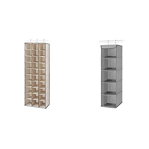 Whitmor 30 Section Hanging Shoe Shelves, Tan  and  5 Section Closet Organizer - Hanging Shelves with Sturdy Metal Frame