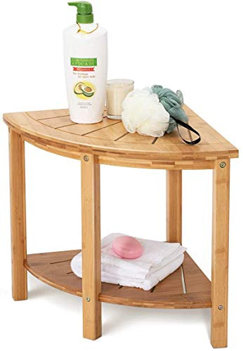 OasisSpace Corner Shower Stool, Bamboo Shower Bench with Storage Shelf, Wooden Spa Bath Organizer Seat, Perfect for Indoor or Outdoor