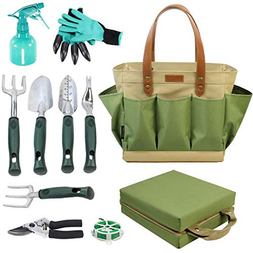 Garden Tool Tote Solid Bag with 11 Piece Hand Tools,Best Gardening Gift Set Organizer with Vegetable Garden Tool Kit,Free Kneeler Pad,Digging Claw Gloves and All Necessary Gardening Accessories