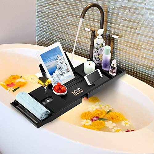 DEVO Bathtub Caddy Tray Adjustable Bamboo Wooden Bath Organizer Tray for Tub with Extending Sides, Book and Wine Holder, One or Two Person Luxury Spa or Reading, Bonus Free Soap Holder
