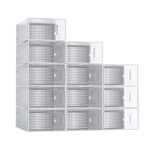 Shoe Storage Organizer, Secret Space Shoe Boxes Clear Plastic Stackable, 12 Pack Clear Shoe Box Containers Case for Sneaker Storage, Medium, White