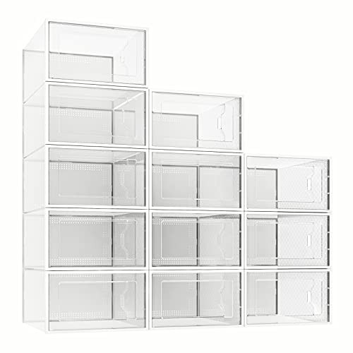 12 Pack Shoe Storage Box, Clear Plastic Stackable Shoe Organizer for Closet, Space Saving Foldable Shoe Containers Bins Holders -Clear-