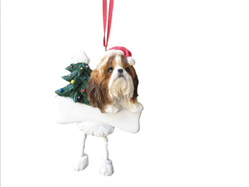 Shih Tzu Ornament Tan and White with Unique "Dangling Legs" Hand Painted and Easily Personalized Christmas Ornament