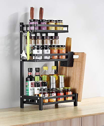 3 Tier Kitchen Spice Rack Utensil Holder, Countertop Freestanding Shelf Organizer for Jars, Bottles with knife, Cutlery, Chopping Board Storage, plus 3 Hooks, Metal -3 Tier-
