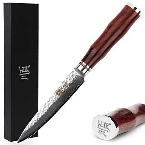 Sunlong Utility Knife 5 inch Japanese Hammered Damascus Natural Bloodwood Handle