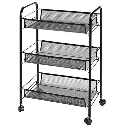 Kcelarec 3-Tier Mesh Wire Rolling Cart Multifunction Utility Cart Rolling Metal Organization Cart with Lockable Wheels for Home, Office, Kitchen -Black-