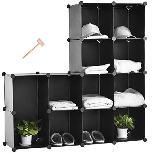 12 Cubes Storage Organizer Shelf Black,DIY Plastic Stackable Cubes Storage Shelves,Modular Bookcase Closet Cabinet for Clothes,Books,Artworks,Toys