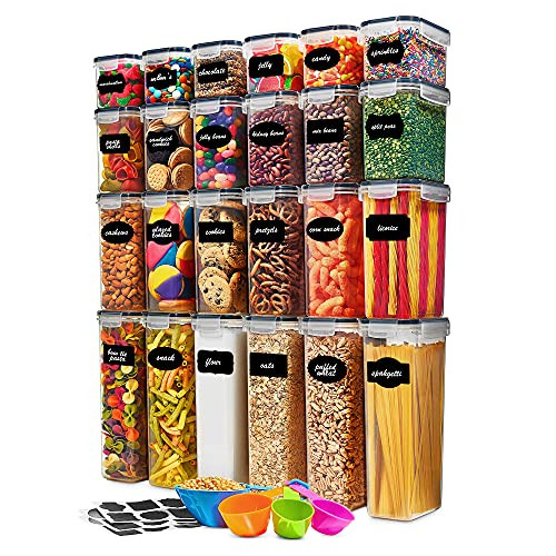 24 Pack Airtight Food Storage Container Set - BPA Free Clear Plastic Kitchen and Pantry Organization Canisters with Durable Lids for Cereal, Dry Food Flour  and  Sugar - Labels, Marker  and  Spoon Set