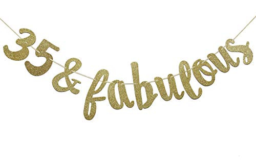 Firefairy 35 & Fabulous Cursive Banner-Happy 35th Birthday Anniversary Party Supplies, Ideas and Decorations(Gold)