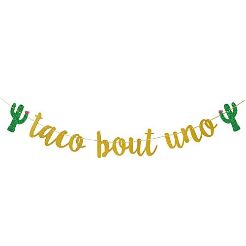 Glamoncha Taco Bout Uno Gold Glitter Banner Sign Garland for Mexican Fiesta Themed First Birthday Party Decorations