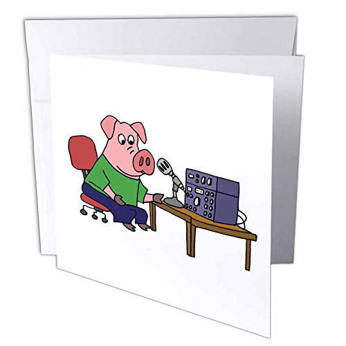 3dRose Funny Pink Pig Using Ham Radio Cartoon Greeting Card -gc_251936_5-